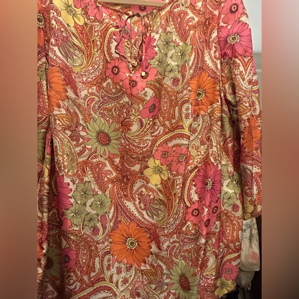 Talbots NWOT Silk 100% 1X Top Floral Paisley Hot pink orange lime 3/4 sleeve - Picture 8 of 16